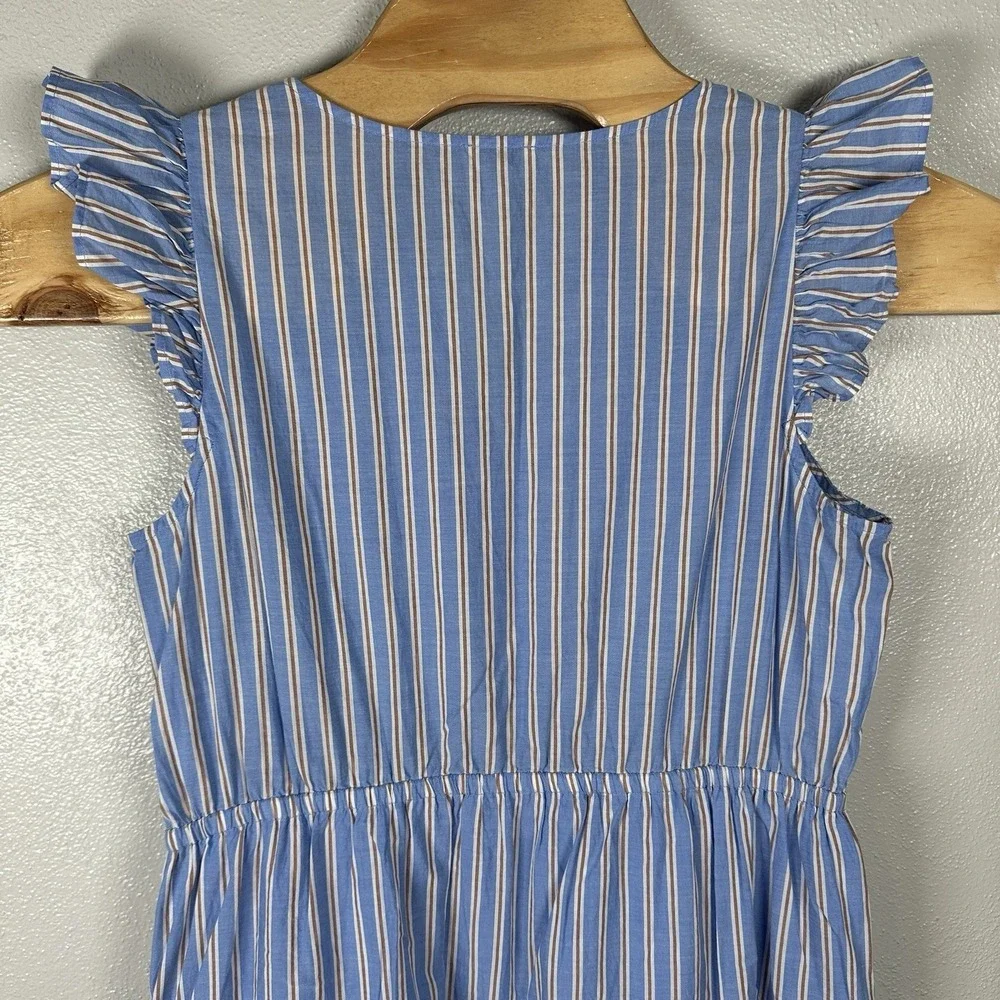 J Crew Ruffle-Sleeve Tiered Midi Dress Size 12 Blue Beige Striped Cotton Pockets - Picture 6 of 9